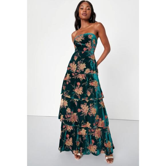 NEW Lulus Real Allure Emerlad Floral Burnout Velvet Strapless Maxi Dress - Picture 1 of 15